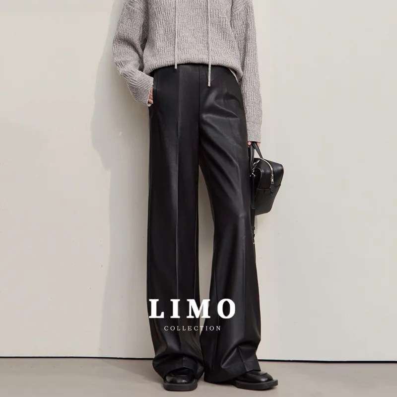 

LIMO 2025 новые брюки из искусственной кожи с высокой талией, женские длинные широкие брюки на осень-зиму, модная офисная повседневная уличная одежда