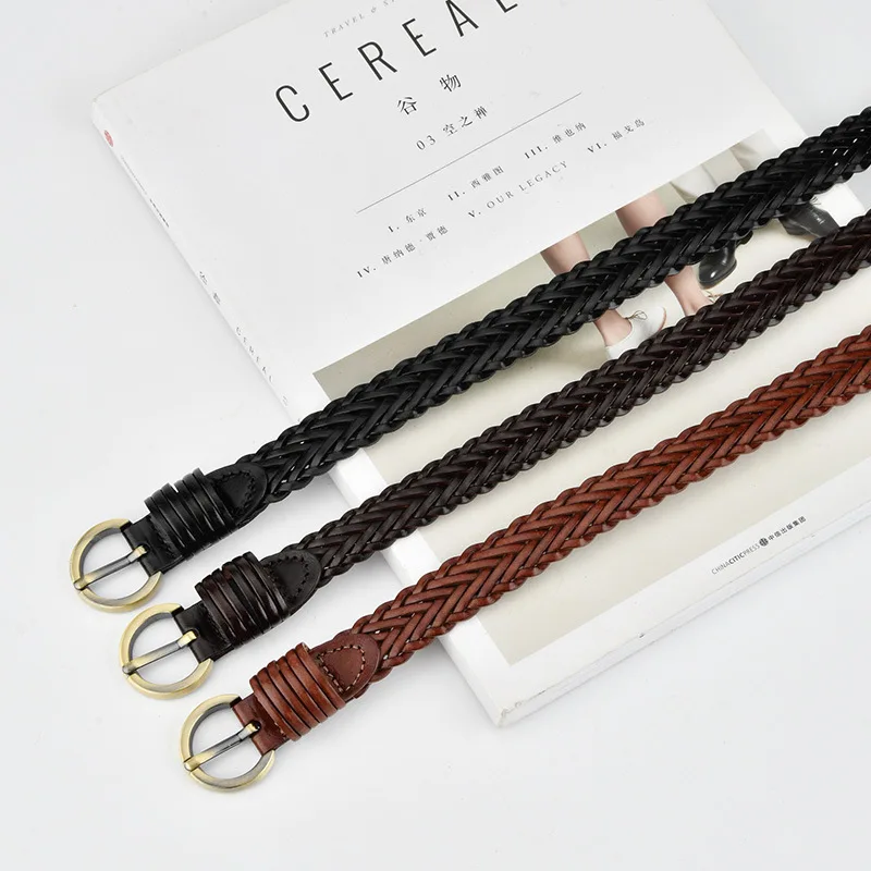 Western Braided Leather Bran Paper Round Gold Pin Buckle Women Belt Fashion Woven No Holes Belt for Ladies