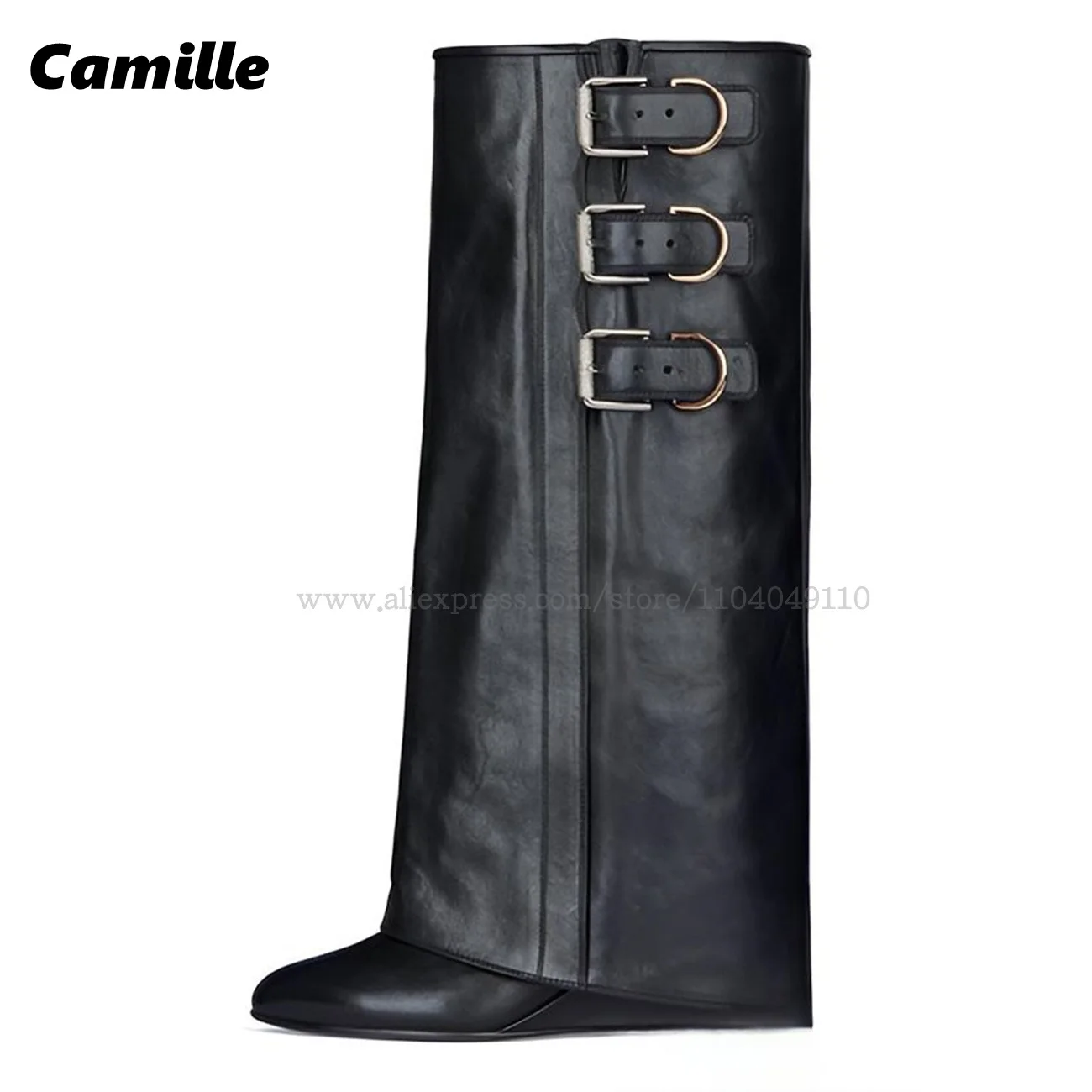 

Solid Belt Buckle Strap Knee High Modren Boots Autumn New Catwalk Style Trouser Boots Pointed Toe Wedges Size 35-42 Casual Boots