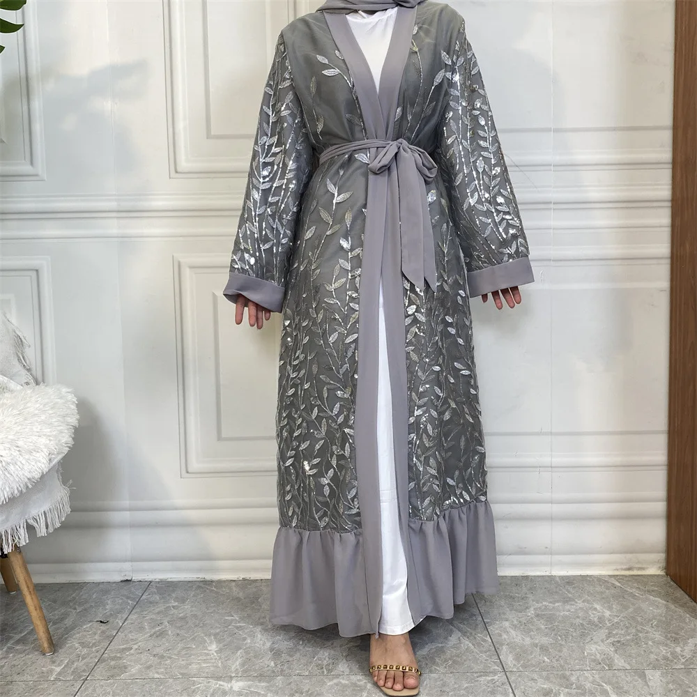 

Abaya Dubai Muslim Women's Fashion Cardigan Dress Arab Net Color Studded Moo Chiffon Elegant Temperament Cardigan Robe