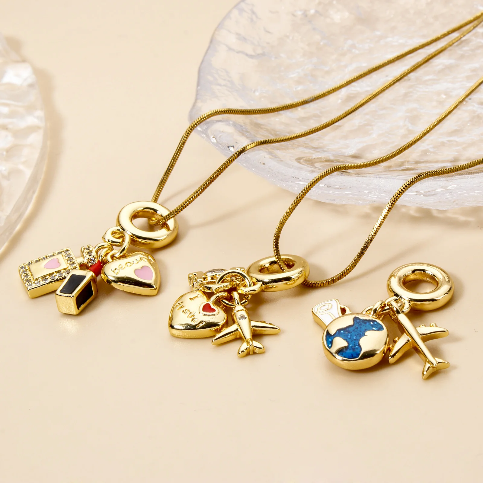 1Set New Brass Charms Gold Color Heart Travel Airplane Multicolor Enamel Pendant DIY Necklace For Women Party Jewelry Findings