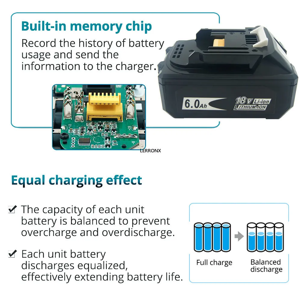 6000mAh Li-ion Rechargeable Battery for Makita 18V BL1860 BL1840 BL1850 BL1830 BL1860B LXT400 194204-5 194205-3 EU Charger