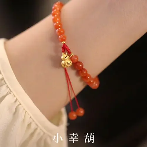 

Natural S925 Sterling Silver Gourd Pendant South Red Agate Round Bead Bracelet Women's Beaded Tassel Hand Jewelry Girls' Gift