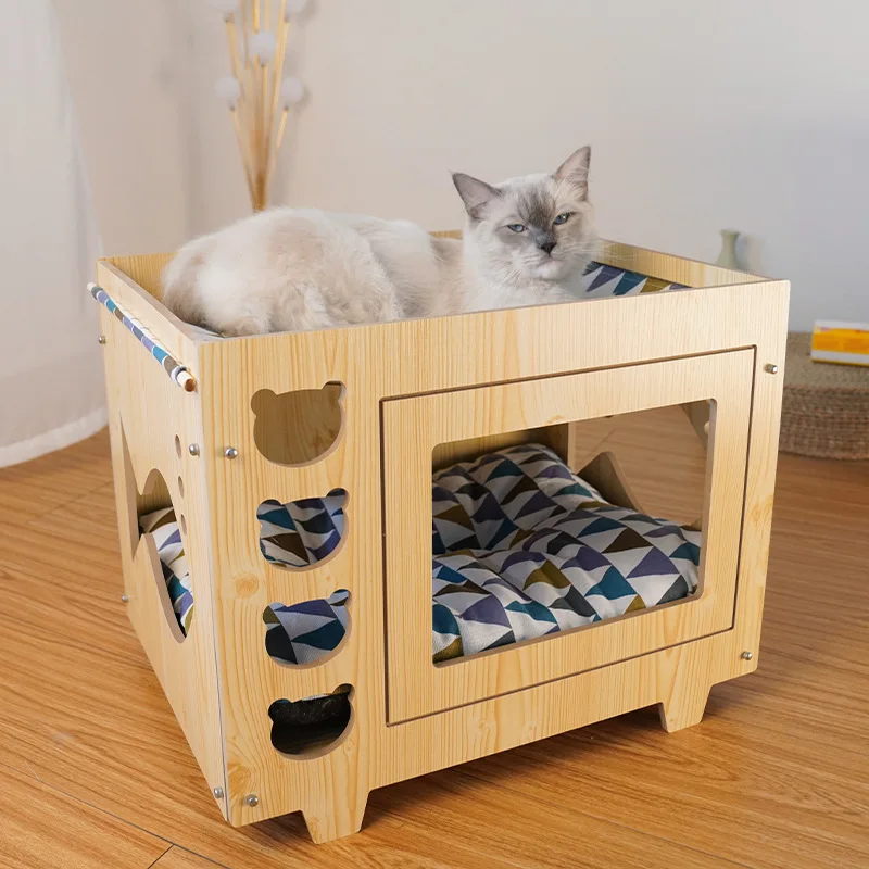 Cat House Dog House Wooden Double-layer Hammock Integrated Cat Supplies Soft Cushion Hollowed Out Splicing Assembly