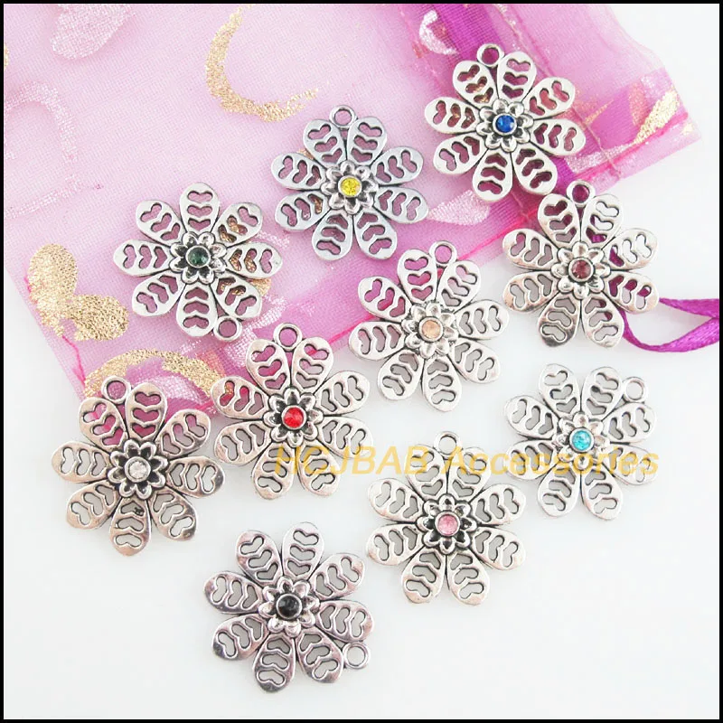 20Pcs Tibetan Silver Plated Retro Snowflake Mixed Crystal Charms Pendants 21x23mm