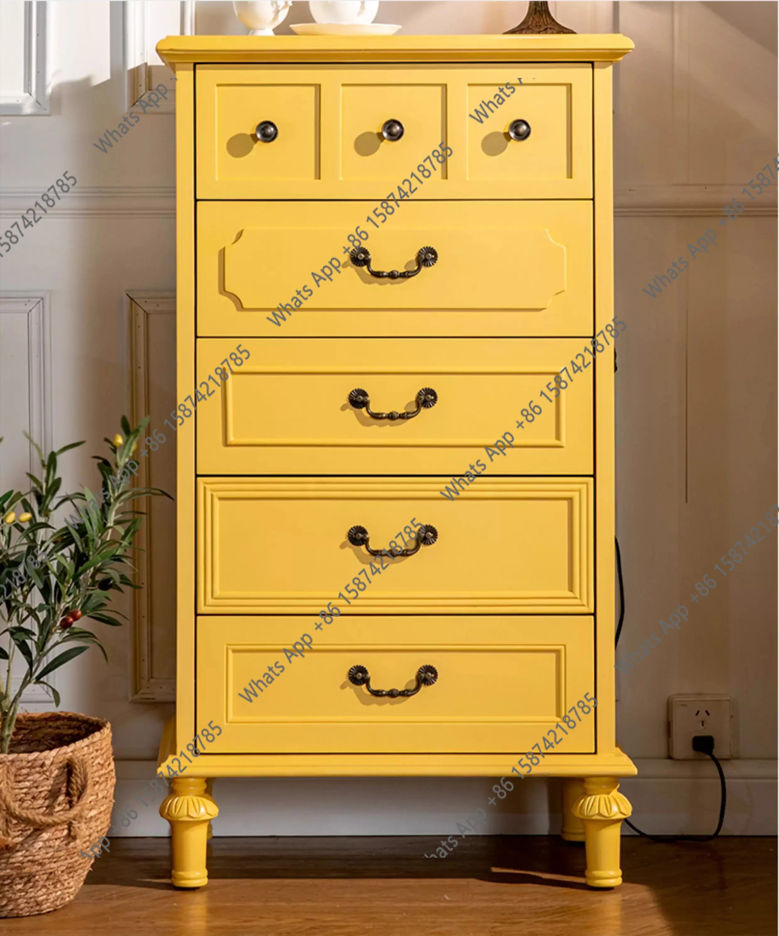 68American Solid Wood Five-bucket Household Nine-drawer Bedroom Floor Drawer Storage Retro Yellow Chest Of Drawers Storage