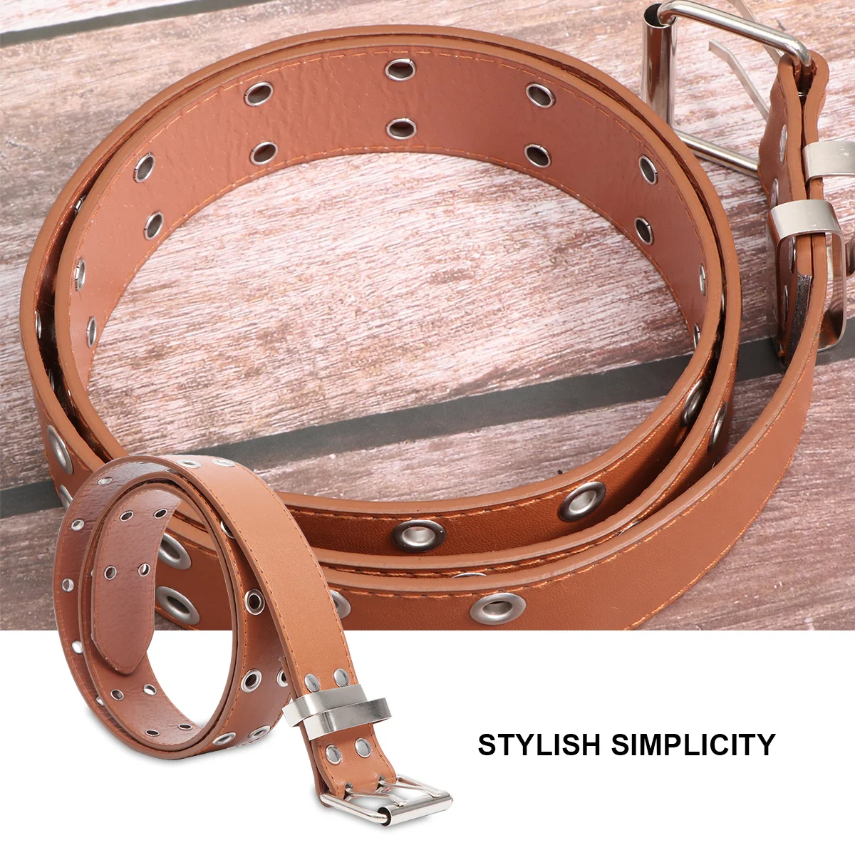 

Casual Belt for Men Women Adjustable PU Iron Double Row Holes Brown Gothic Punk Simple Belt Ideal Daily Work Dating Long Lasting