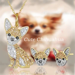 3Pcs Cute Golden Chihuahua Pendant Necklace Earrings Jewelry Set Exquisite Women's Cute Animal Decoration Holiday Perfect Gift