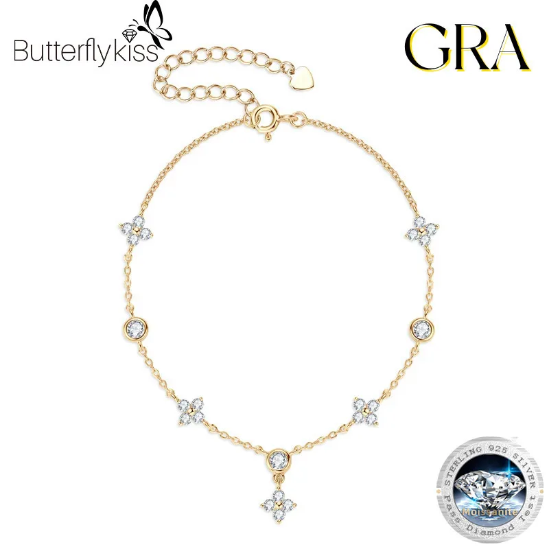 

Butterflykiss Moissanite Bracelet With Certificate 925 Sterling Silver Four-leaf Flower Adjustable Chain Bracelets for Women