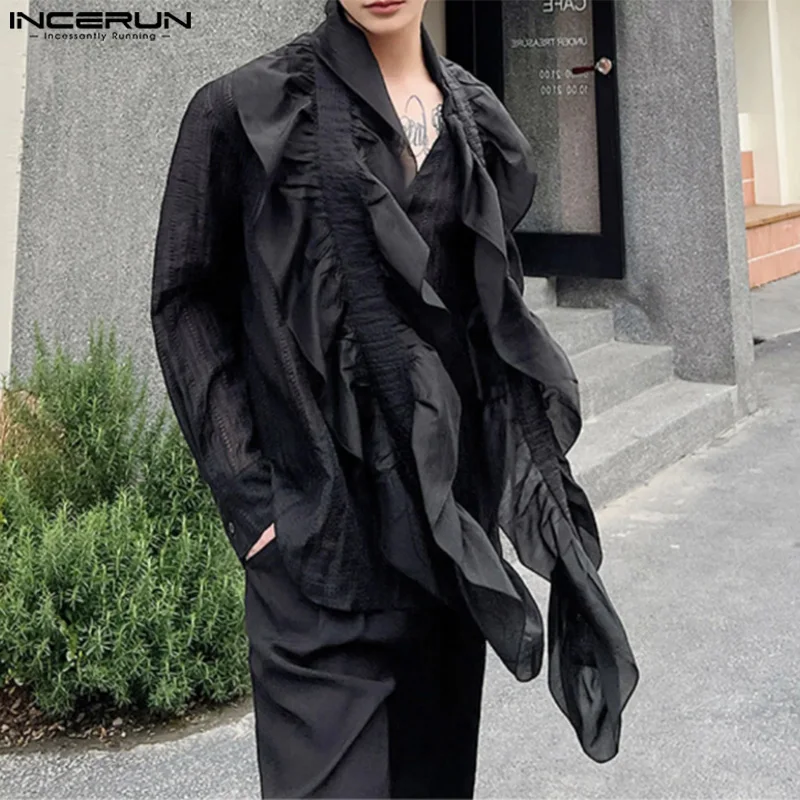 INCERUN Men Shirt Hollow Out Ruffle Belt Patchwork V Neck Long Sleeve Transparent Men Clothing Streetwear 2024 Fashion Camisas