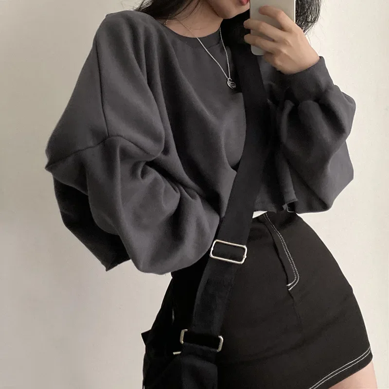 Spring Autumn Women Chic Crop Tops Solid Colors Long Sleeve Short Pullovers Simple O-Neck Loose Casual Sweatshirts Cute Girls