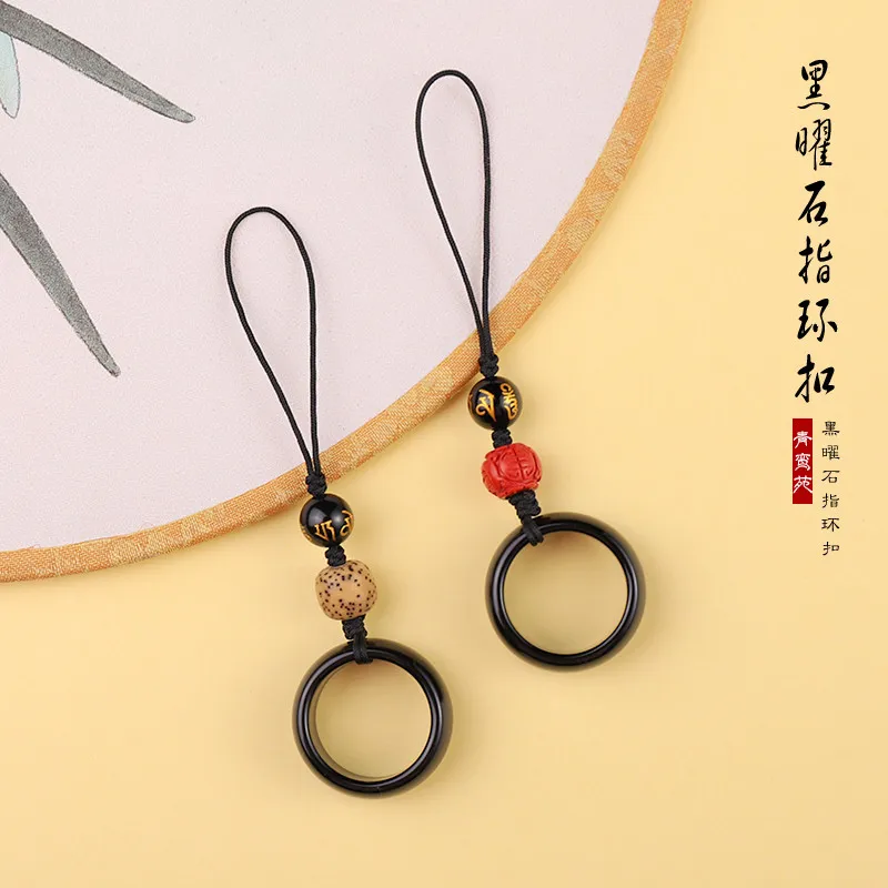 Natural obsidian fastened ring mobile phone charm pendant antique style pendant keychain lanyard couple style BA backpack chamrs