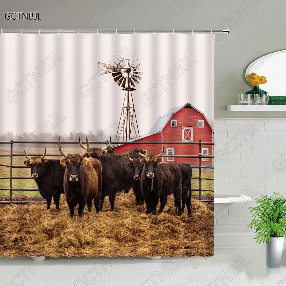 Farm Cow Shower Curtains Rural Windmill Farmhouse Red Wooden House Hanging Curtains Bathroom Accessories Cloth Bathroom Curtain