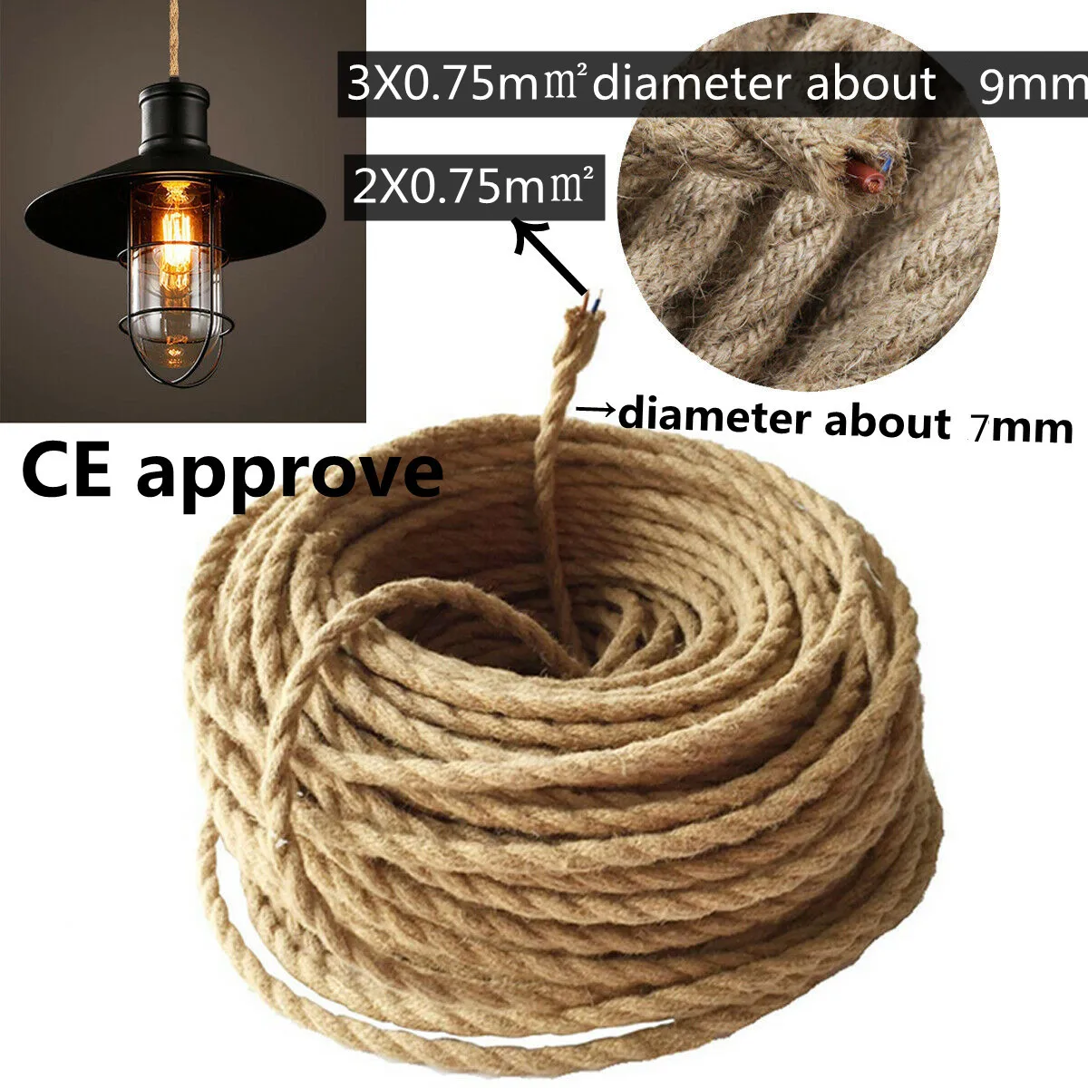 

2 Core 3 Core Twisted Cable Hemp Rope Electrical Wire Retro Style Copper Vintage Lamp Cord Woven Textile Wire Pendant Light Cord