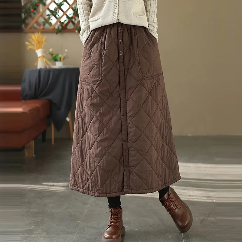 Women Casual Long Skirt New Arrival 2024 Autumn Vintage Style Solid Color Thick Warm Female Basics A-line Skirts B4018