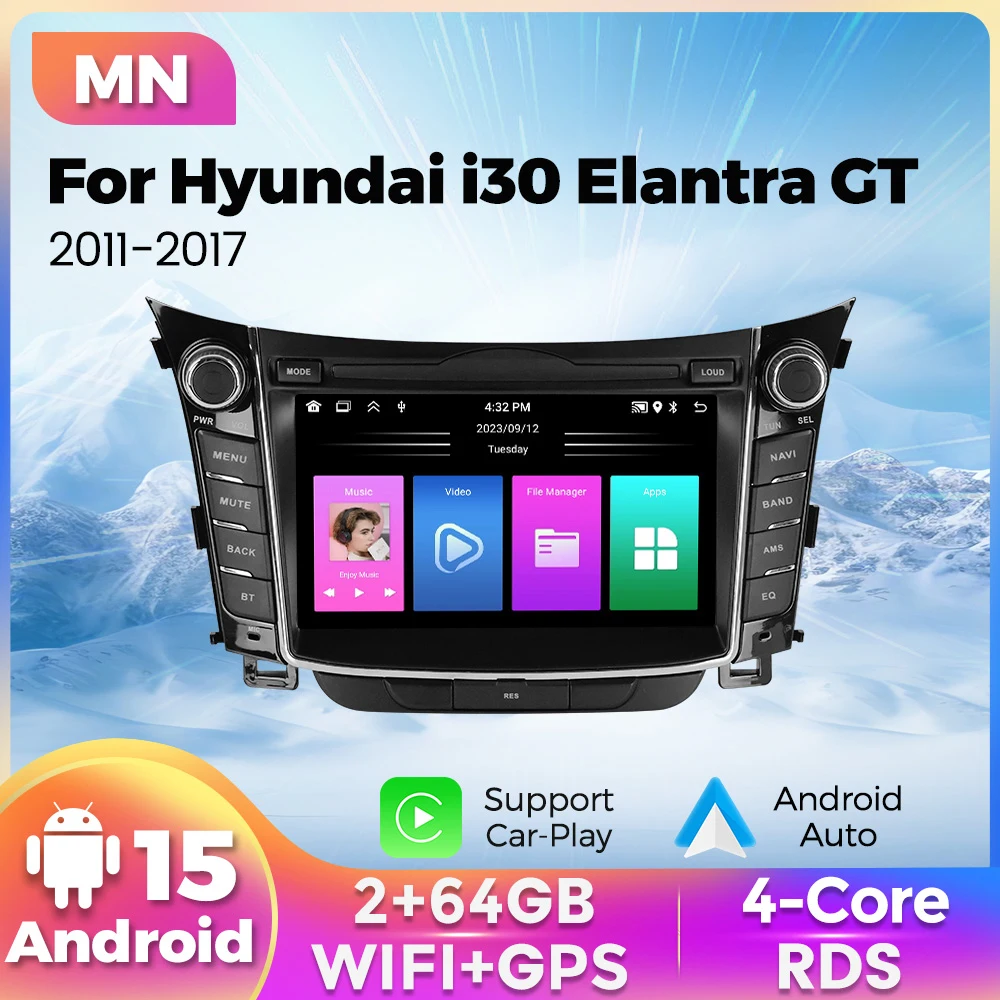 Android 15 7 Zoll CarPlay Android Auto für Hyundai I30 Elantra GT 2011-2017 2 Din Autoradio Multimedia Stereo Player BT FM RDS
