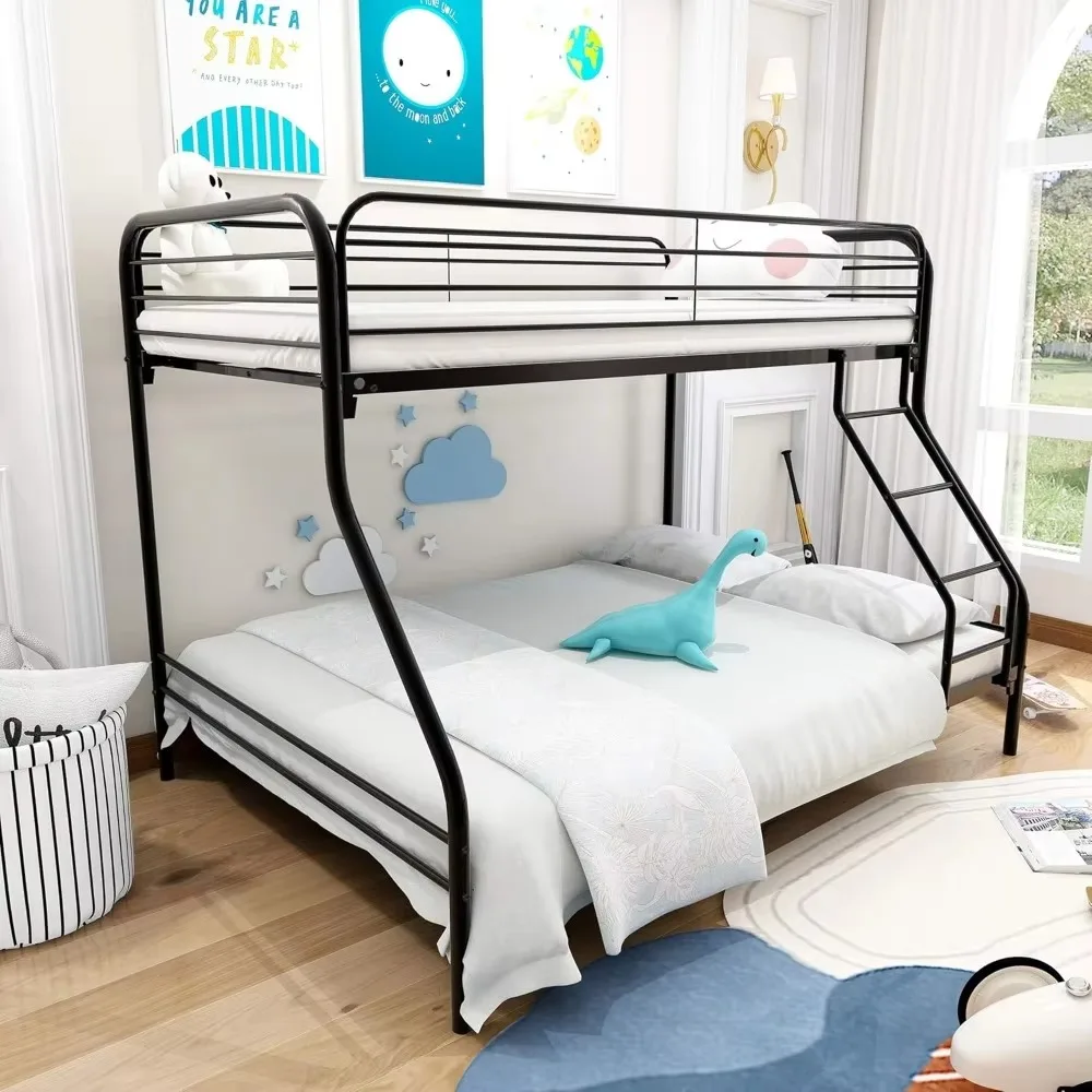 Metal bunk bed with metal frame and ladder, durable, reliable metal construction, sturdy ladder, no box springs required, black