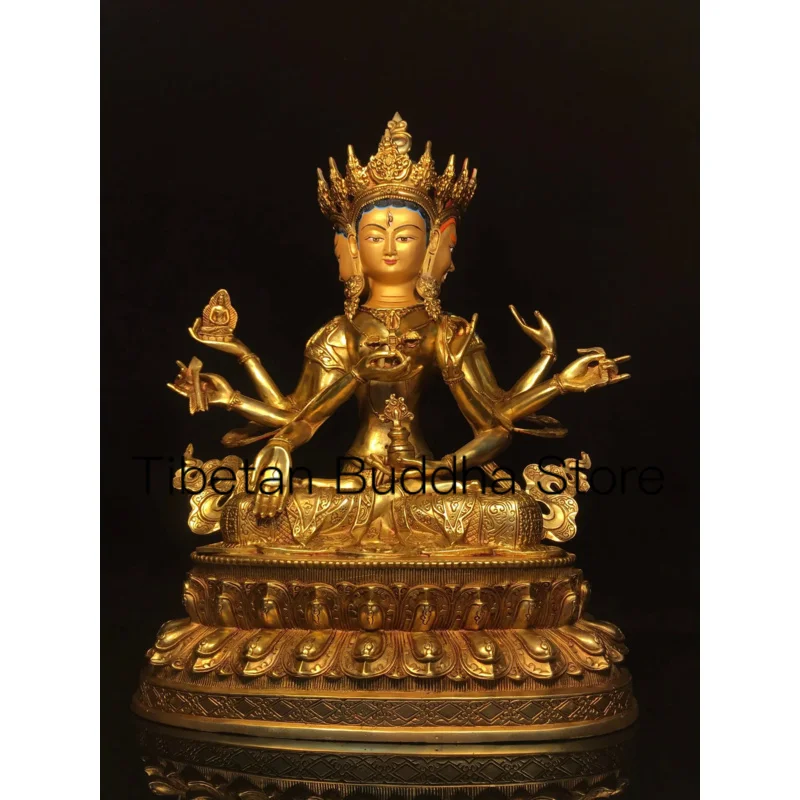 

47cm Tibetan Brass Gilded Gold Faced Zunsheng Buddha Three Faced Eight Armed Tara Avalokitesvara Statue