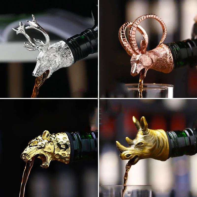 

2PC Animal Head Wine Pourer Zinc Alloy Deer Elk Lion Leopard Wolf Eagle Dragon Wine Pour Spout Stopper Club Bar Accessories