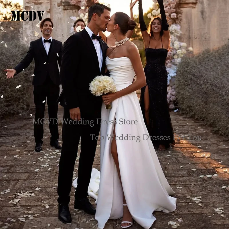 

MCDV 2026 Satin Wedding Dresses Pleated Civil Bridal Gown Side Slit Minimalist Bride Dress For Wedding Ceremony Customized