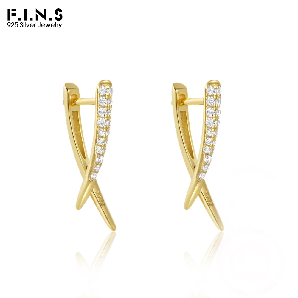 

F.I.N.S S925 Sterling Silver Geometric Line Zirconia X-Shaped Earrings Fashion Minimalist Piercing Ear Push-Back Ear Studs Jewel