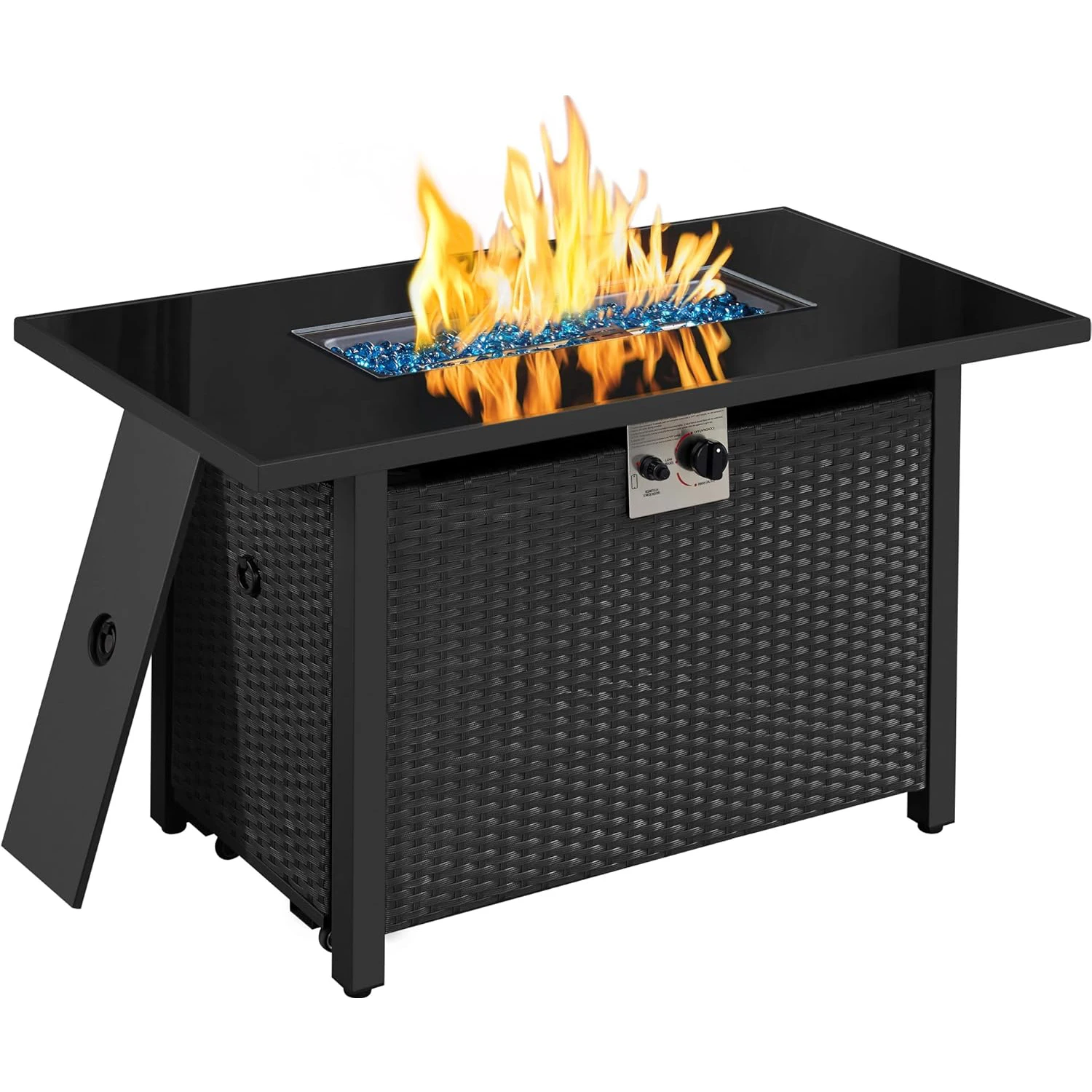 43in Fire Pit Propane Fire Pit 50,000 BTU Rectangle Fire Pit Table with Glass Tabletop and Waterproof Cover, Gas Fire Table