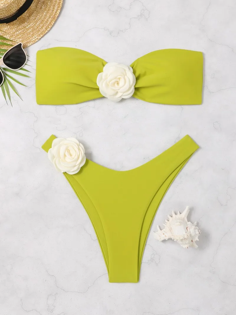 

3D Flowers Strapless Bandeau Bikini Female Swimsuit Women Swimwear Two-pieces Bikini Set Push Up Brazilian Bathing Suit Swim 수영복