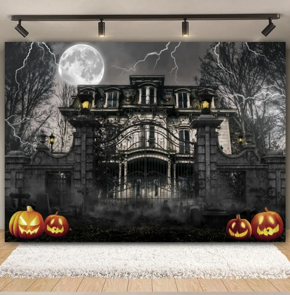 

Halloween Party Decor Backdrop Horror Night Scary Castle Pumpkin Forest Old Tree Cemetery Halloween Photography Background