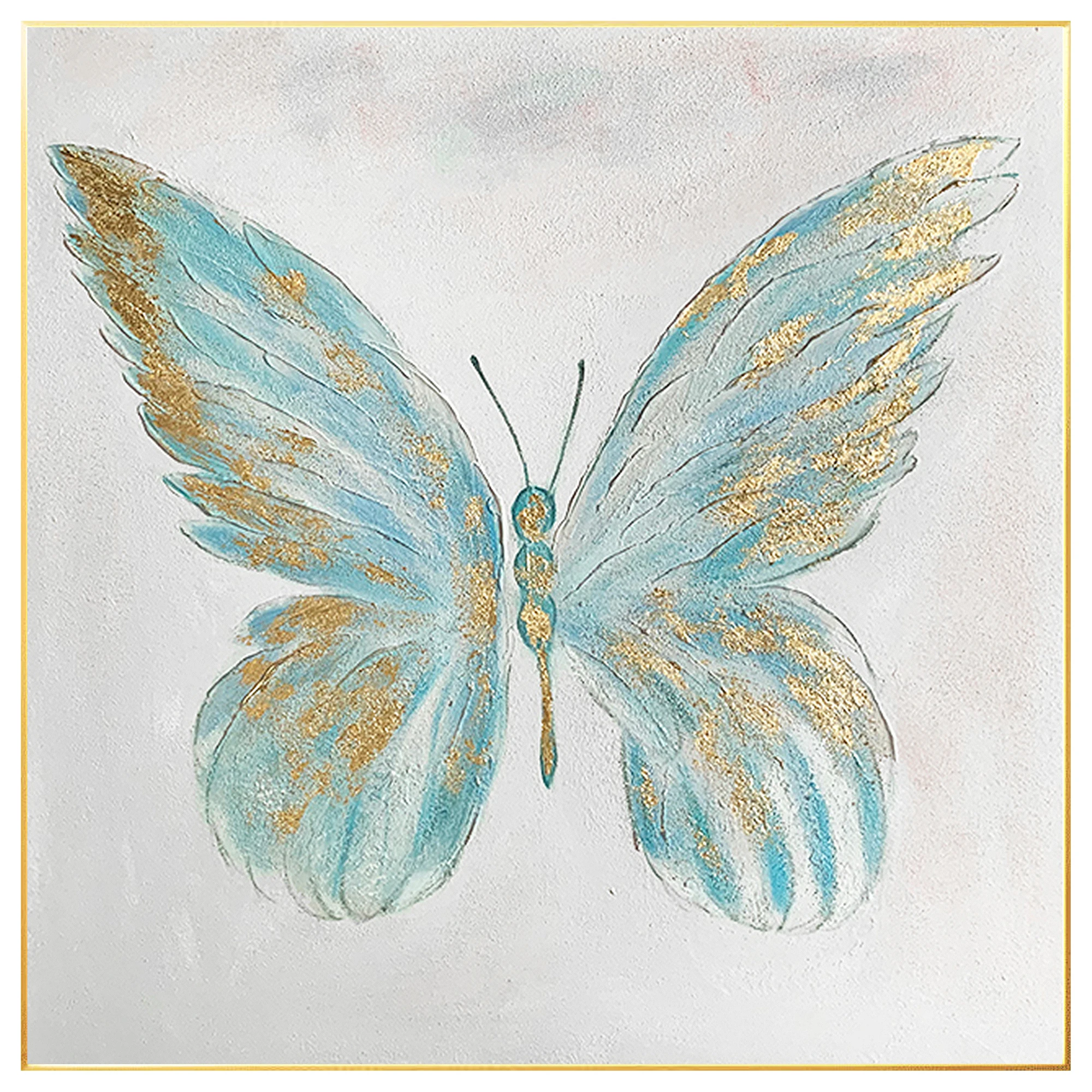 

Hand Painted Blue Gold Butterfly Painting on Canvas, Gold Foil Butterfly Art, Livingroom Bedroom Wall Art Home Decor