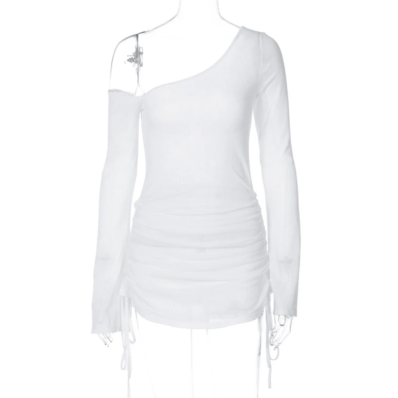 Robe à épaules dénudées pour femmes, pour plage, Club de Cocktail, transparente, cordon de serrage froncé, manches longues, Mini robe de soirée, Streetwear