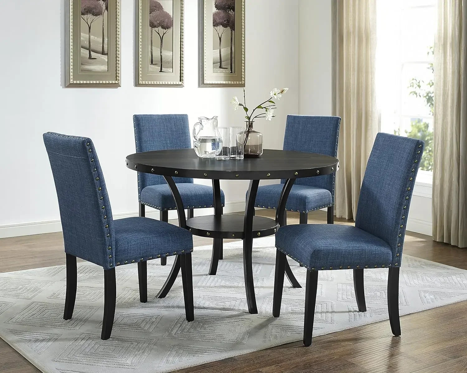 Roundhill Furniture Biony Blue Fabric Dining Chairs with Nailhead Trim, Set of 2