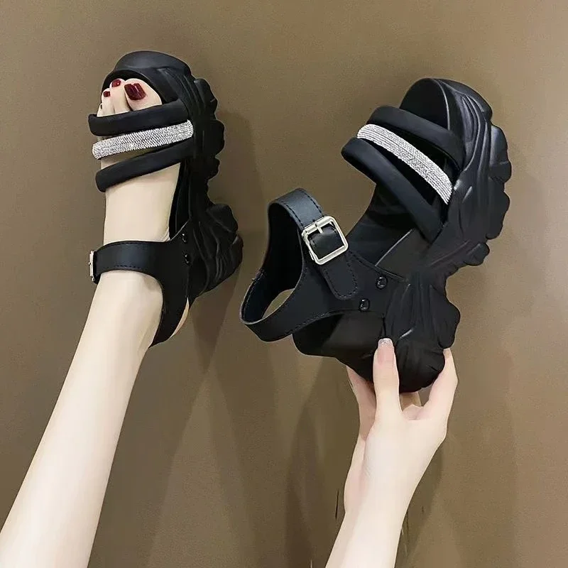 Women Sandals Designers New Brand Increase Thick Bottom Sandals Wedge Heel Female Chunky Platform Buckle Strap Street Sandalias