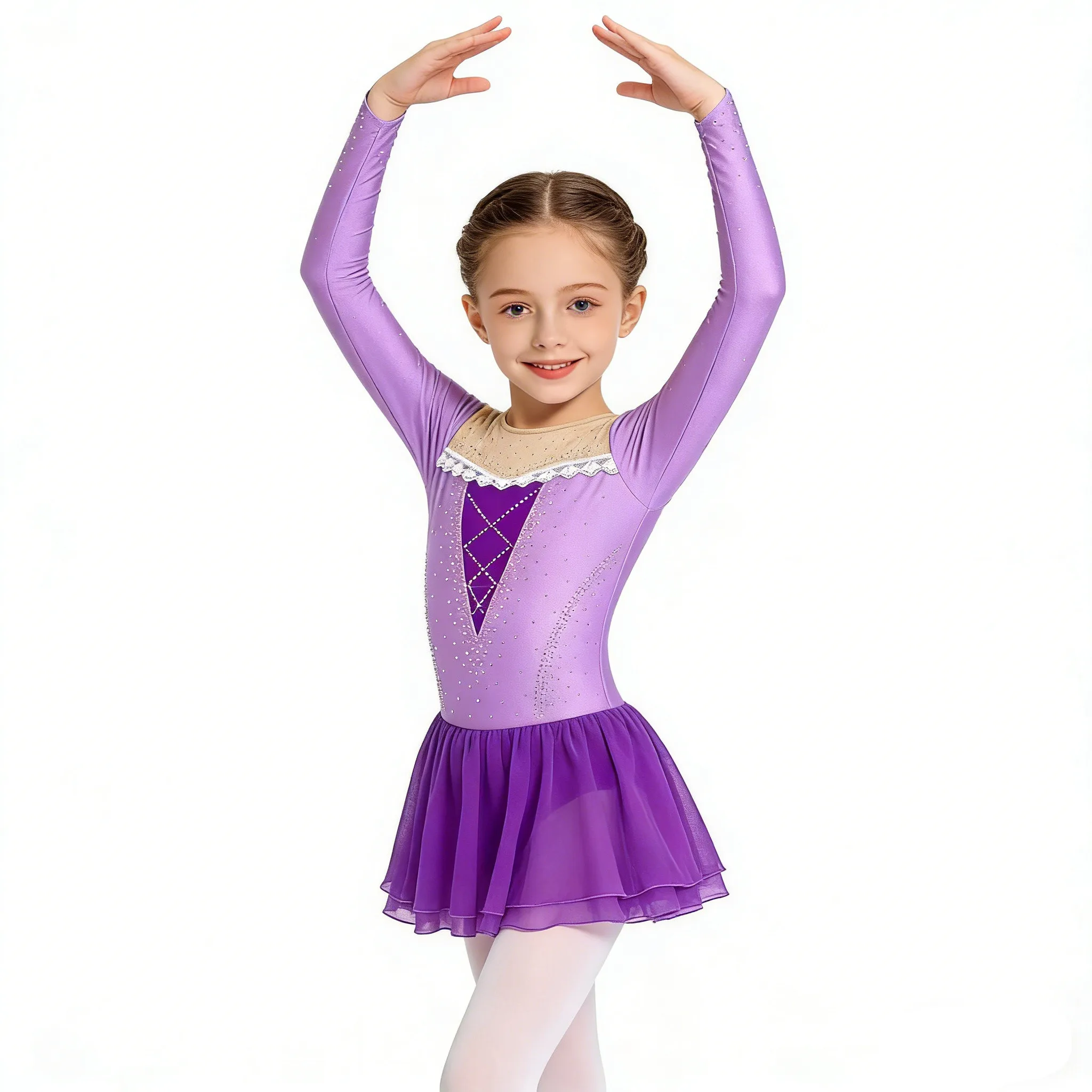 

Kids Girls Figure Skating Ballet Dance Gymnastics Acrobatics Leotard Dresses Shiny Rhinestones Sheer Mesh Snow Princess Dress