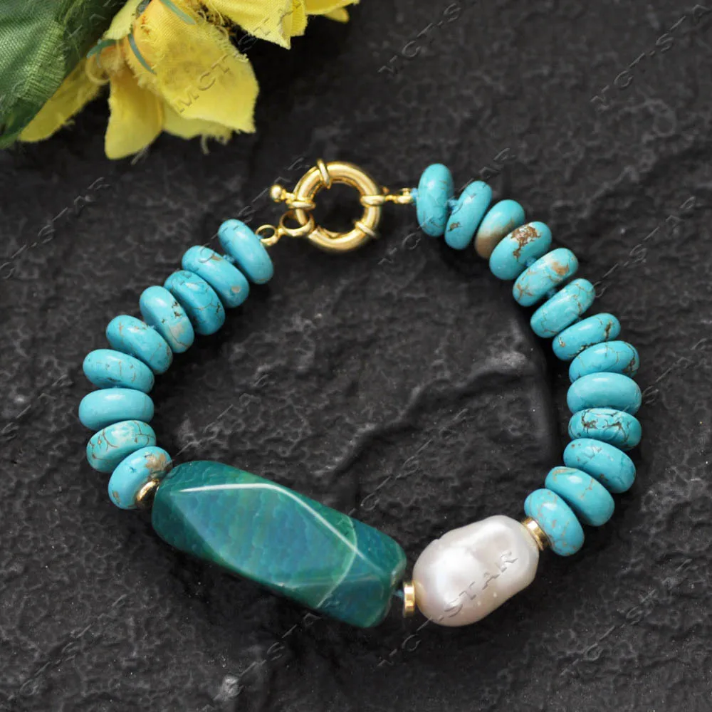 

MCT·STAR 8'' 40mm Green Cube Agate White Baroque Keshi Pearl Blue Rondelle Turquoise Bracelet (Z14367)
