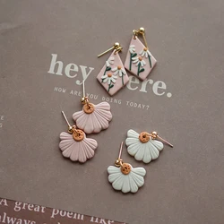 Women's Handmade Polymer Clay Earrings with Cute Daisy Pattern Pink Pale Colors Dangle Jewelry Set for Parties And Gifts