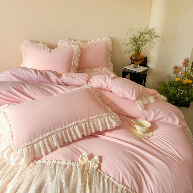 Korean style Princess lace bow bedding set pink sweet girl chiffon ruffles duvet cover bed sheet pillowcase wedding home textile