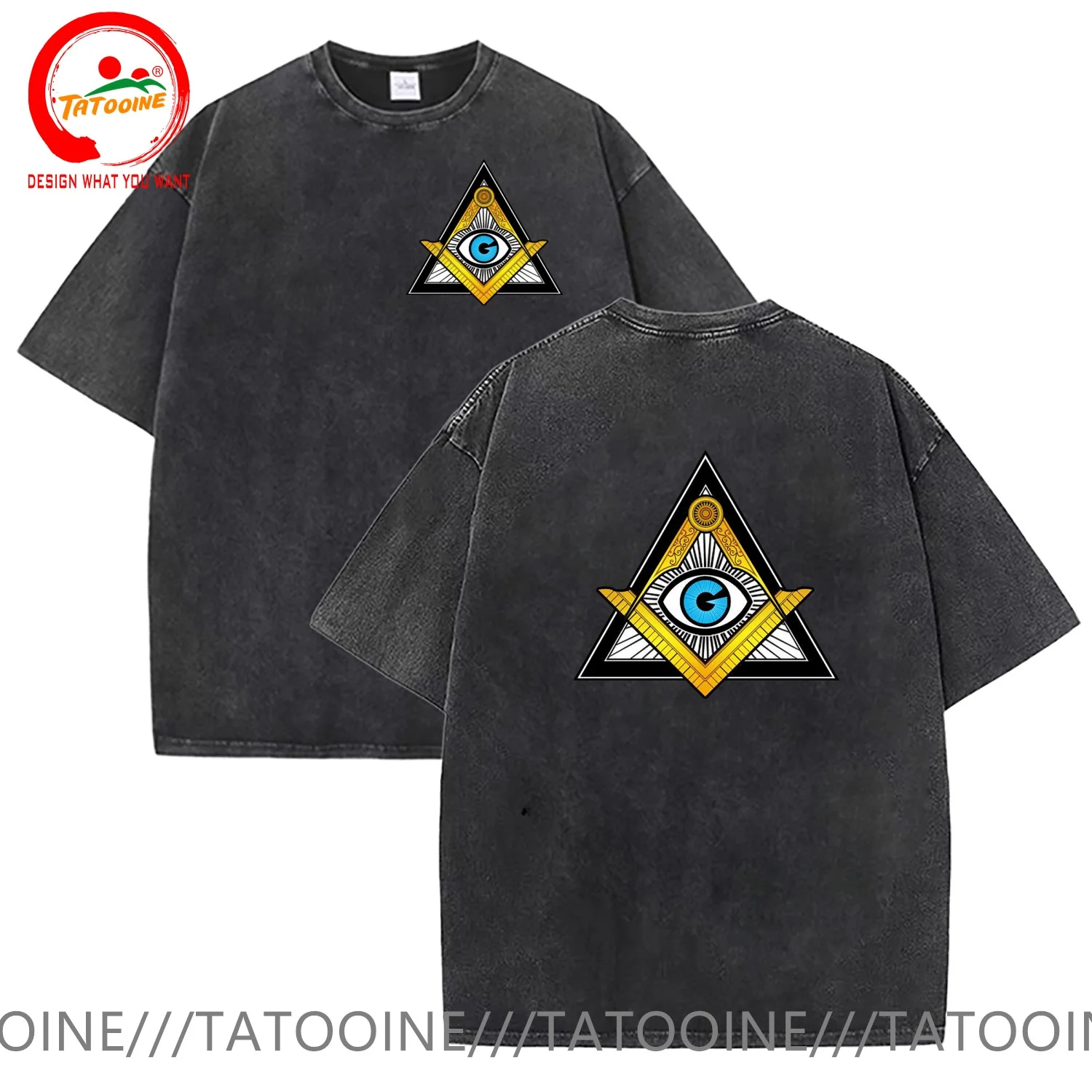 

Vintage Washed Cotton T-Shirt Masonic Symbol Mason Emblem T Shirt Men Summer Casual T Shirt Soft Fashion TeeShirt