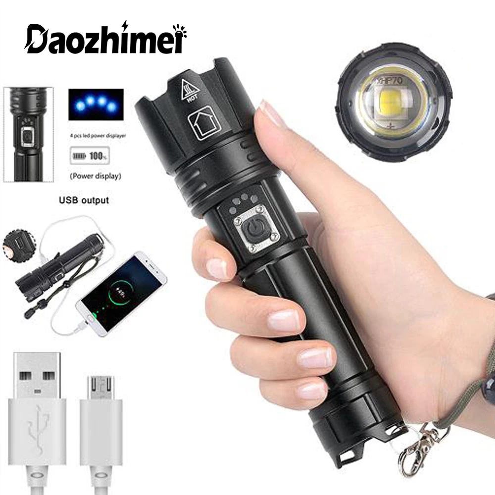 

Super Bright XHP70 Led Flashlight 5 Modes Zoomable Tactical Torch Usb Rechargeable Hunting camping Flash Light use 26650 Battery