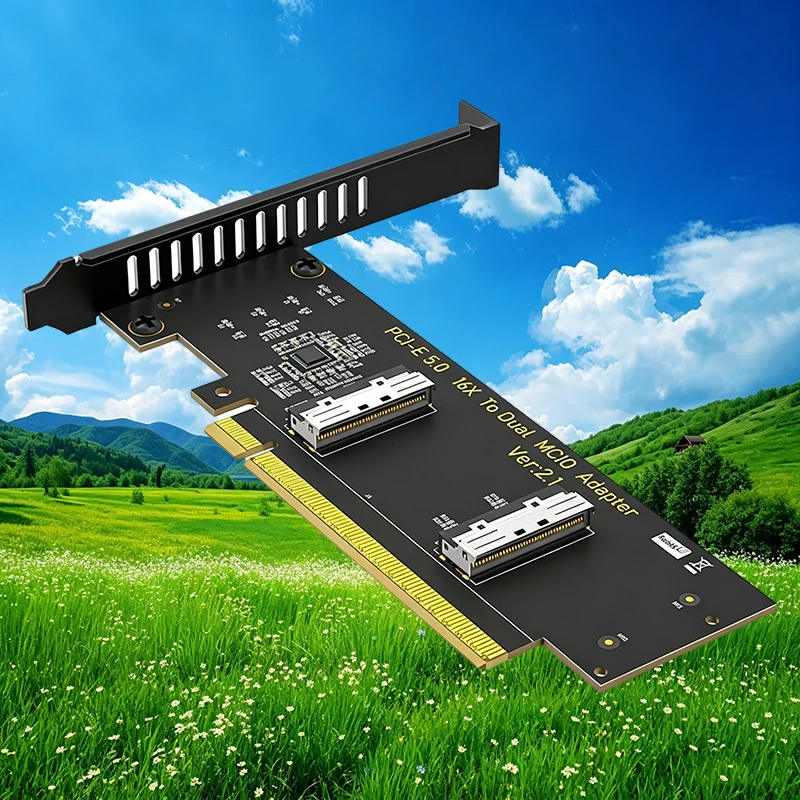 PCI-E 5.0 X16 to Dual MCIO 8i Adapter Card PCIe Gen5 16X to 2-Port MCIO SFF-1016 Converter Supports Bifurcation for NVMe SSD GPU