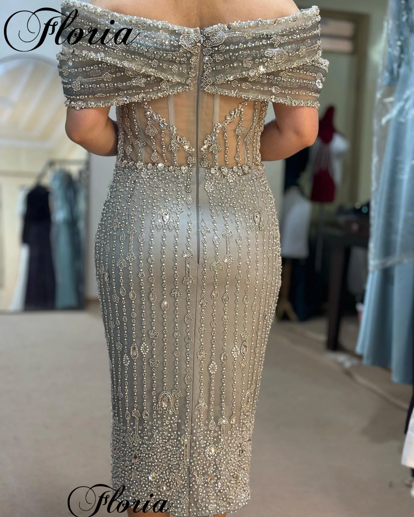 Luxury Beaded Cocktail Dresses Plus Size Off Shoulder Tea-Length Prom Dresses Elegant Vestidos Femenino Birthday Party Gowns