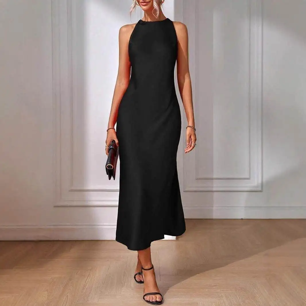 

Silk Satin Long Dress Women's Spring Summer Sleeve Slit Color Block A-Line Dress Slim Fit round Neckline No Sleeve Citywalk