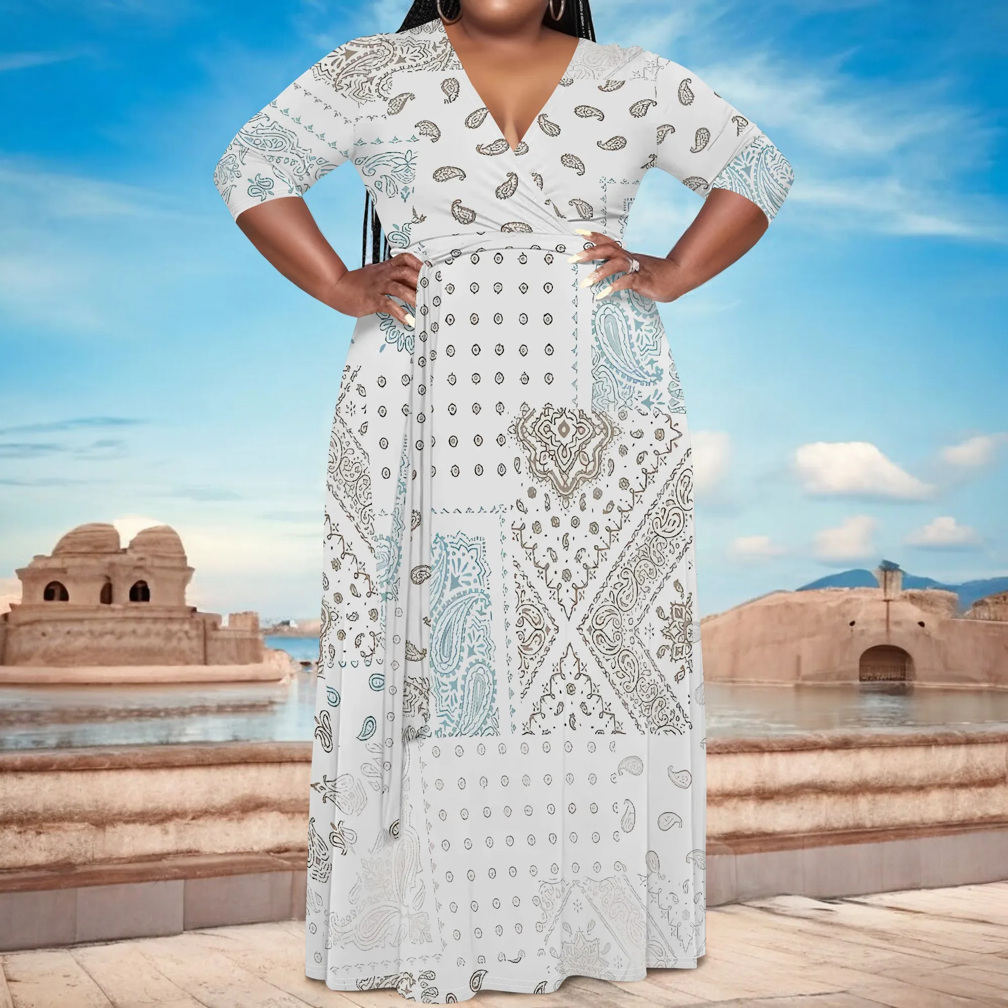 

EQQZD Mid Sleeve V-neck Maxi Dress, Plus Size Dresses, Fashion Patchwork Print Dress with Belt