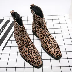 Winter warme Leopard Chelsea Stiefel für Männer spitzen Reiß verschluss Herrenmode Stiefel bequeme Leder Stiefeletten Mann plus Größe 48