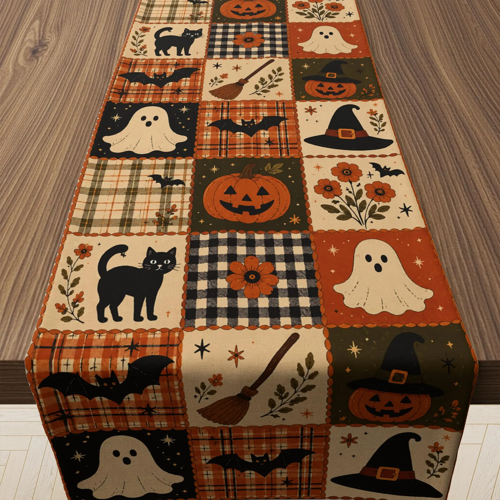 Vintage Halloween Patchwork Table Runner, Pumpkin Ghost Black Cat Bat Witch Hat Print Table Cloth, Holiday Party Dining Table