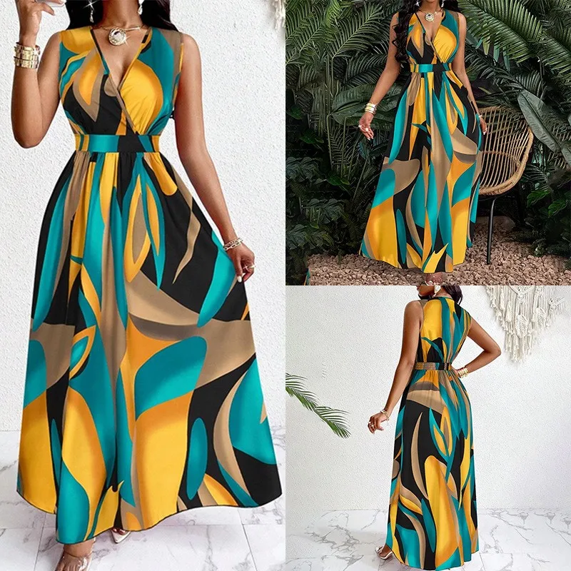 

Summer Woman Dress Elegant Party V Neck Dresses Floral Print Maxi Dress Belted Waist A Line Dress Halter Wrap Style Evening