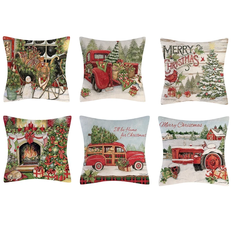 

Christmas Farmhouse Linen Throw Pillow for Case Vintage Cartoon Xmas Vintage Scene Patterns Holiday Decorative Cushion C