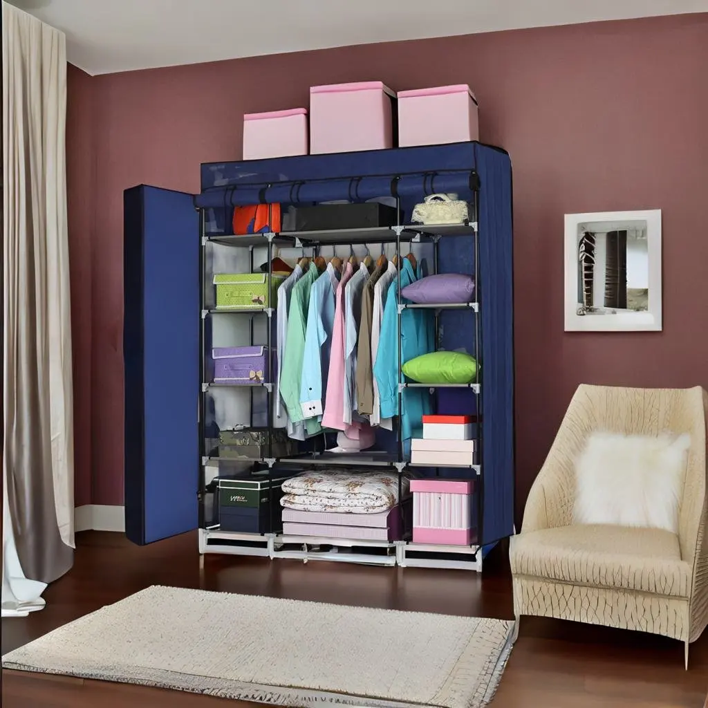

Portable Clothes Closet Wardrobe Non-Woven Fabric Wardrobe Sturdy Durable Water-proof Double Rod Clothes Storage Organizer Bedro