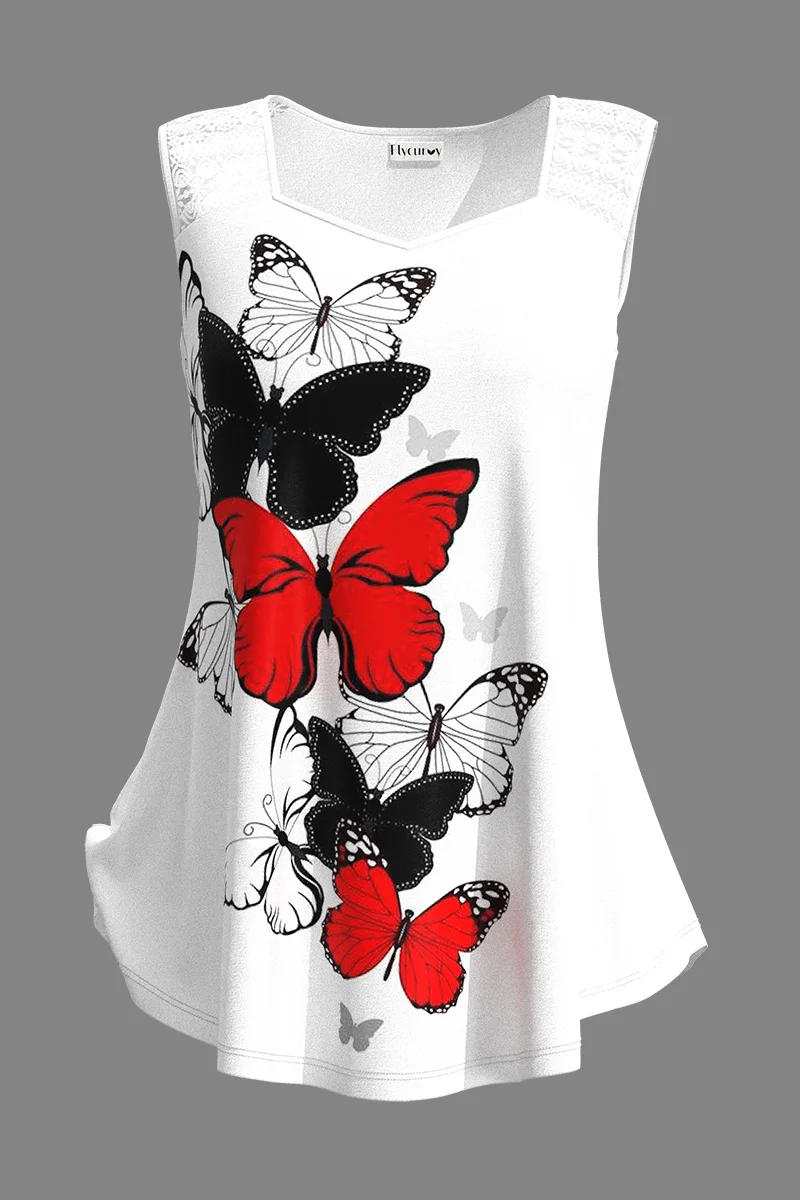 Women Fashion Plus Size Tank Top Casual White Lace Stitching Butterfly Print Sleeveless Round Neck Summer Basic Loose Tank Top