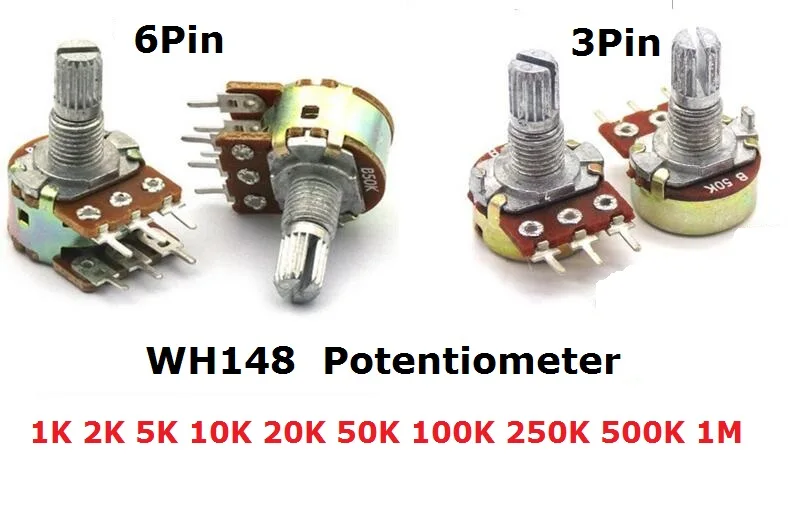 5PCS WH148 Dual Stereo Potentiometer1/2/5/10/K 15mm 3Pin 6pin B1K B2K B5K B10K B20K B50K B100K B250K B500K B1M Shaft Amplifier 