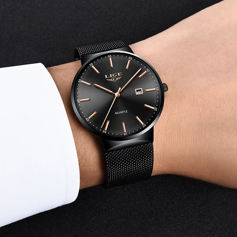 LIGE Fashion Luxury Man Watch Ultra Thin Waterproof Mesh Belt Watch for Men Auto Date Quartz WristWatch Business Calendar Clocks